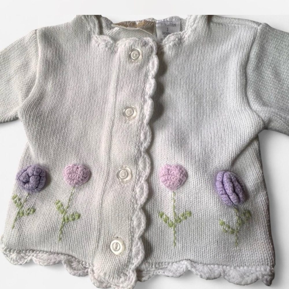 Vintage Celebrity Kids Baby Girl White Knit Cardigan Floral Embroidered 3 months - Picture 3 of 7